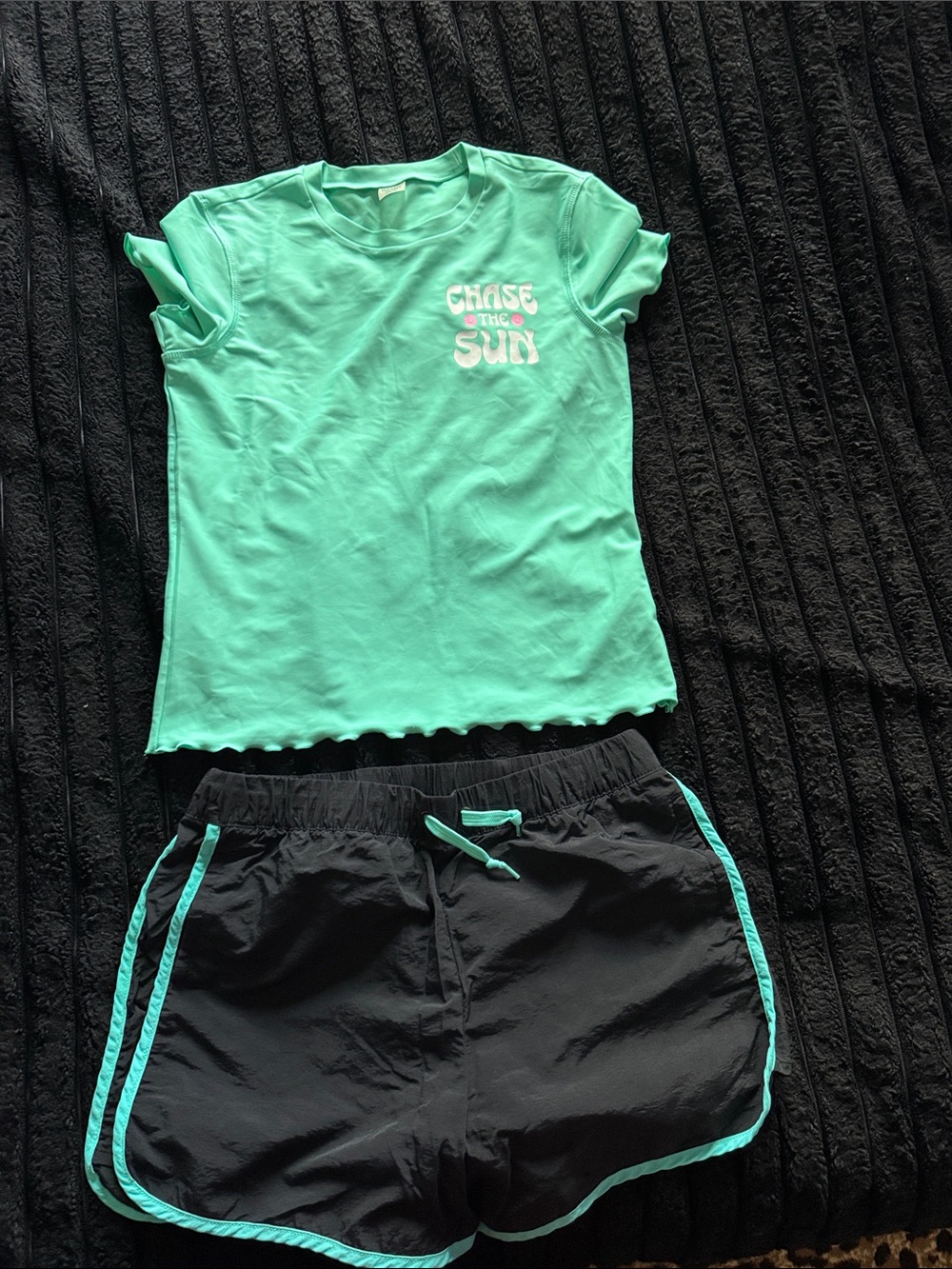 Mint Green 'Chase The Sun' swim shirt with Black Trim swim Shorts